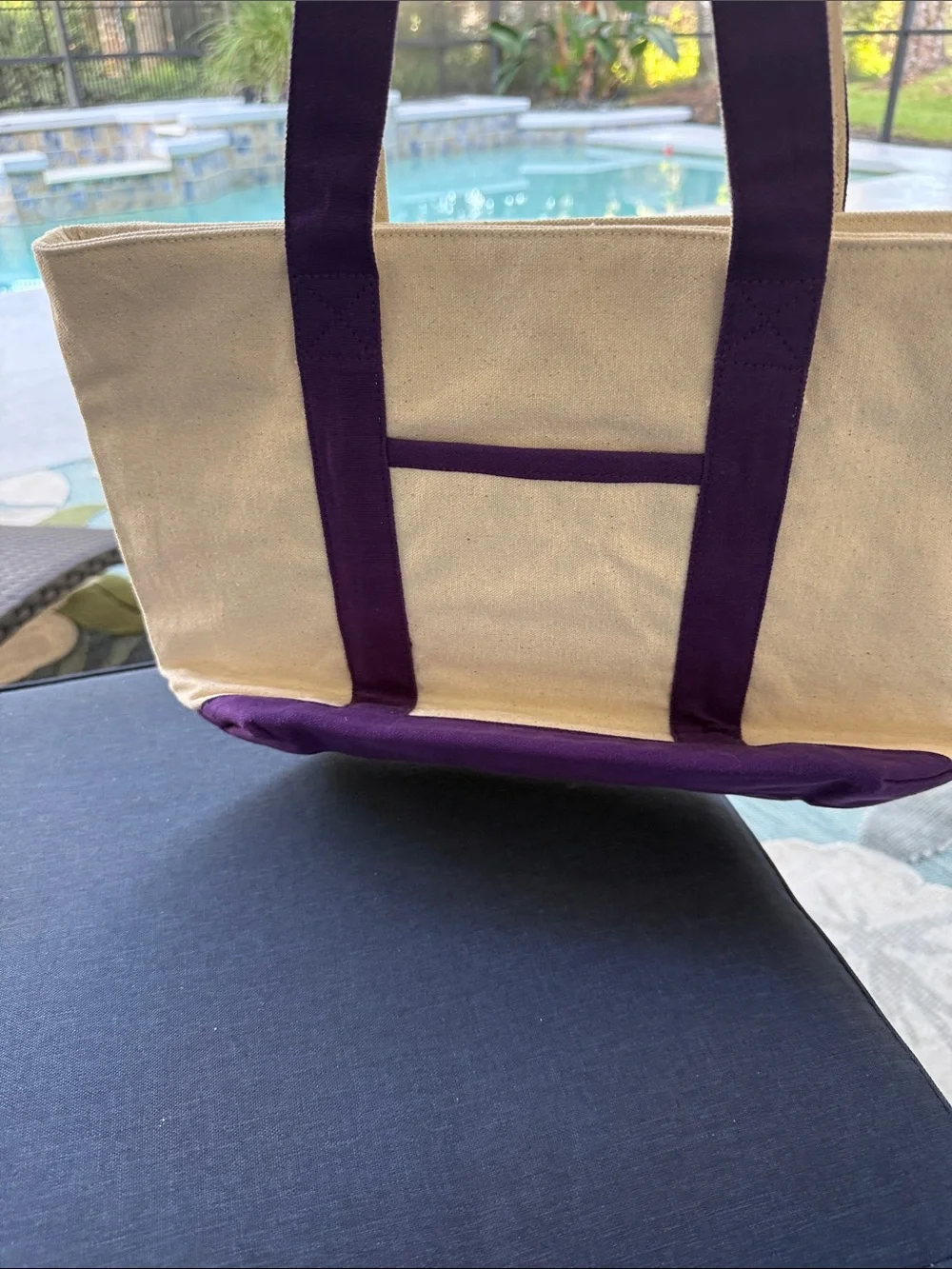 Embroidered Canvas Tote with Purple Trim and Colorful Fish Motif
